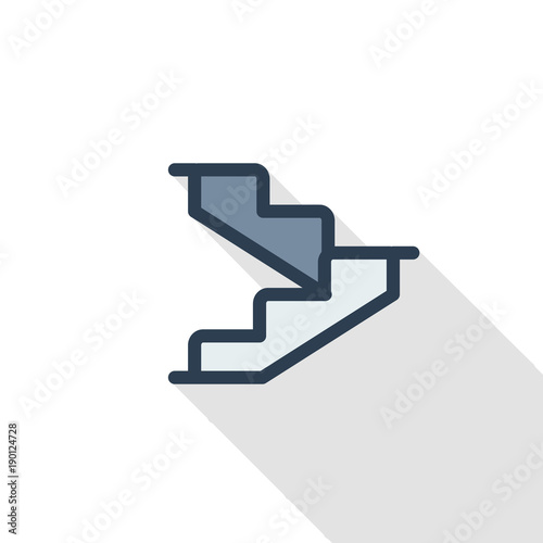 Stairs, upstairs, staircase thin line flat color icon. Linear vector illustration. Pictogram isolated on white background. Colorful long shadow design.