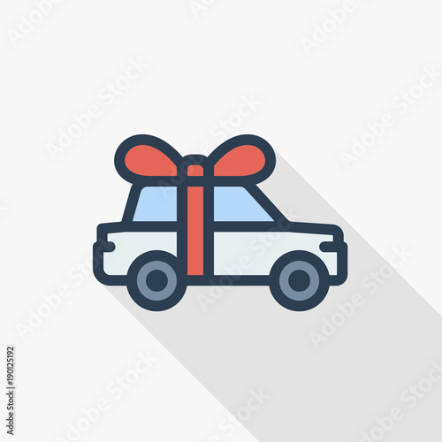 New car with red bow ribbon as a present thin line flat color icon. Linear vector illustration. Pictogram isolated on white background. Colorful long shadow design.