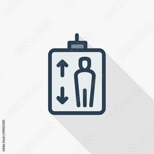 Elevator. Person symbol with up and down arrows thin line flat color icon. Linear vector illustration. Pictogram isolated on white background. Colorful long shadow design.