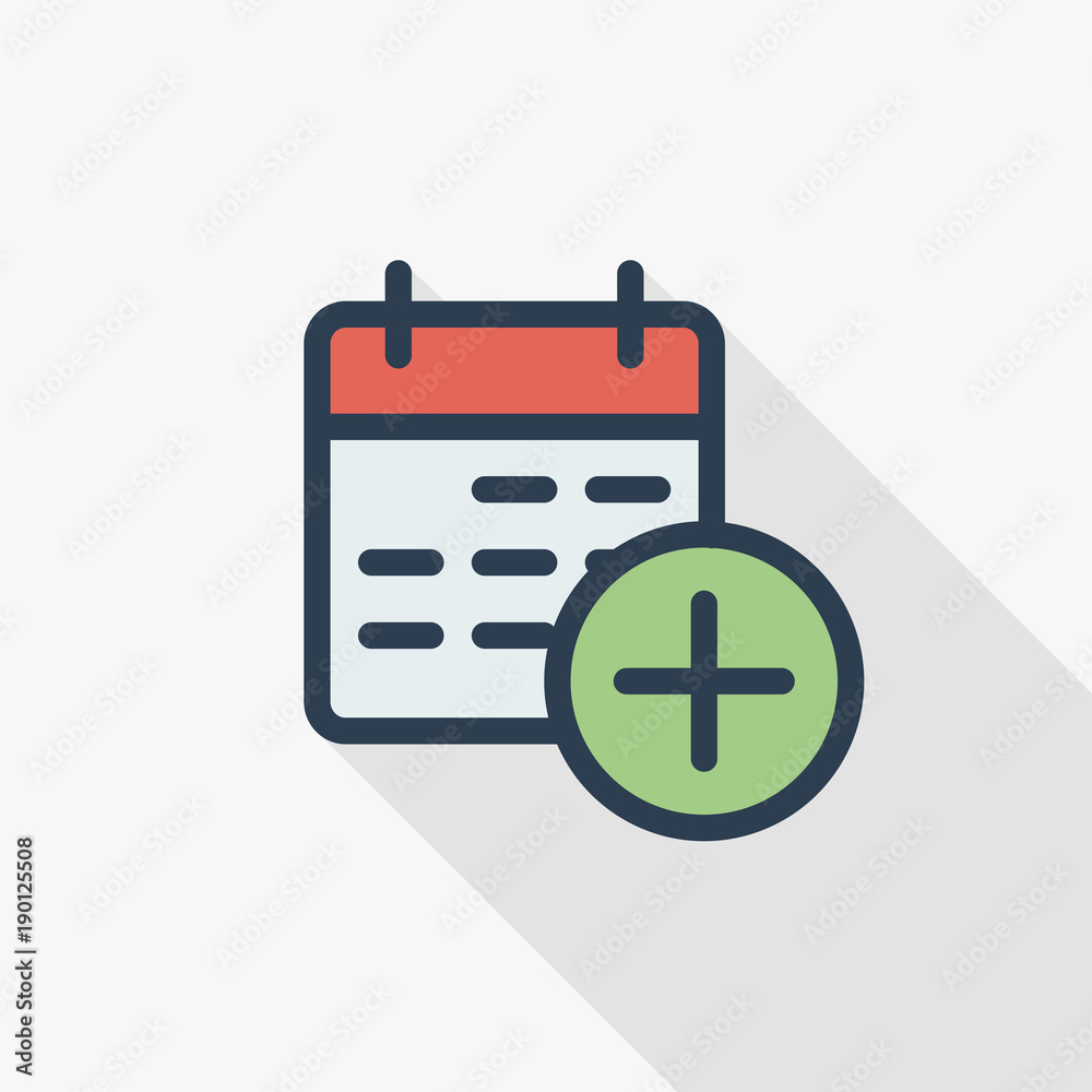 date and time, calendar and add event thin line flat color icon. Linear vector illustration. Pictogram isolated on white background. Colorful long shadow design. date and time, calendar and add event thin line flat color icon. Linear vector illustration. Pictogram isolated on white background. Colorful long shadow design.