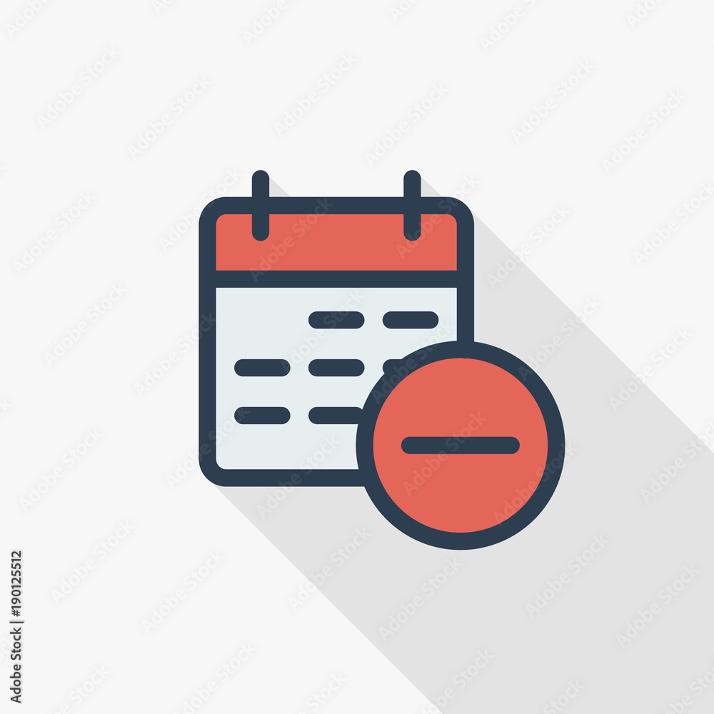 date and time, calendar and delete event thin line flat color icon. Linear vector illustration. Pictogram isolated on white background. Colorful long shadow design. date and time, calendar and delete event thin line flat color icon. Linear vector illustration. Pictogram isolated on white background. Colorful long shadow design.