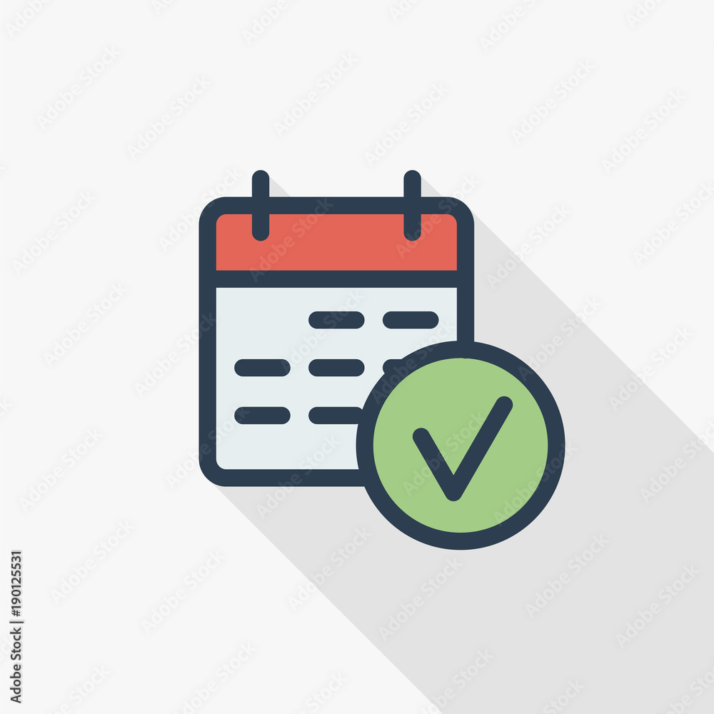 date and time, calendar and complete, check, mark event thin line flat color icon. Linear vector illustration. Pictogram isolated on white background. Colorful long shadow design. date and time, calendar and complete, check, mark event thin line flat color icon. Linear vector illustration. Pictogram isolated on white background. Colorful long shadow design.