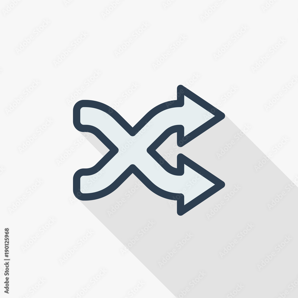 shufle, mix, random, intersecting arrow thin line flat color icon. Linear vector illustration. Pictogram isolated on white background. Colorful long shadow design. shufle, mix, random, intersecting arrow thin line flat color icon. Linear vector illustration. Pictogram isolated on white background. Colorful long shadow design.