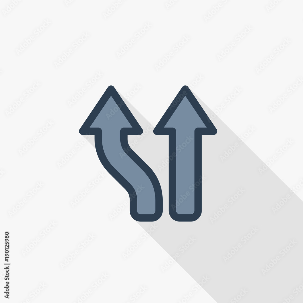 Junction, Separation, Two paths, ways thin line flat color icon. Linear vector illustration. Pictogram isolated on white background. Colorful long shadow design. Junction, Separation, Two paths, ways thin line flat color icon. Linear vector illustration. Pictogram isolated on white background. Colorful long shadow design.