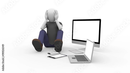 man in despair sitting on the ground with computer laptop tablet and smartphone with blank displays. Technological desperation.