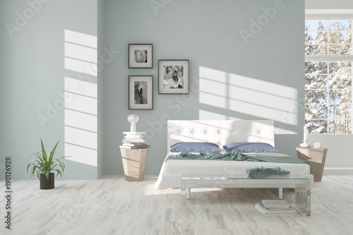 Idea of white minimalist bedroom. Scandinavian interior design. 3D illustration