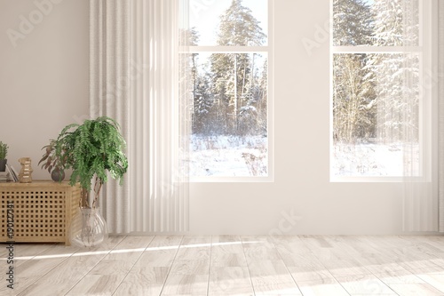 White empty room with winter landscape in window. Scandinavian interior design. 3D illustration