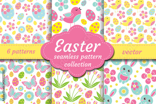 Cute easter seamless pattern set with nestling, rabbit, eggs, flowers. Spring collection repeating textures. Children, kids, baby endless background kit. Vector illustration
