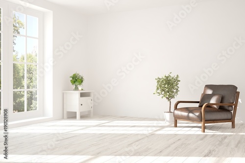 Idea of white room with armchair and summer landscape in window. Scandinavian interior design. 3D illustration