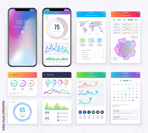 Smartphone ui set with data business graphs for mobile app