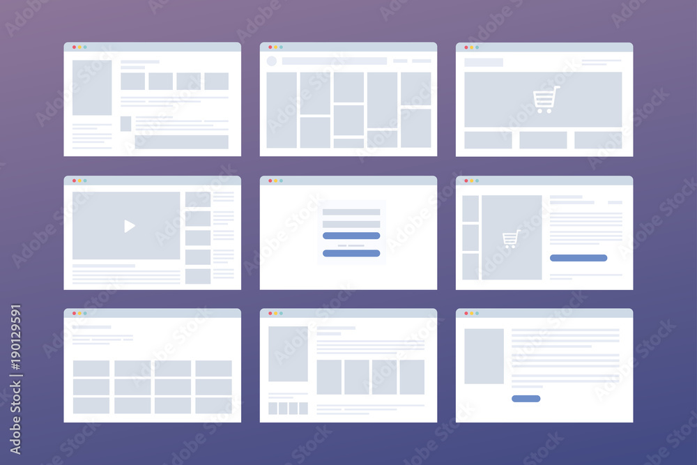 Vector set of windows with website page template. Concept of social media: online store, login, video hosting. Interface on laptop in browser.