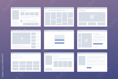 Vector set of windows with website page template. Concept of social media: online store, login, video hosting. Interface on laptop in browser.