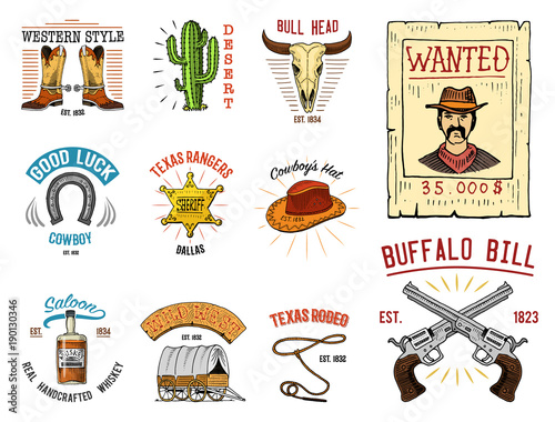 Cowboy set badges. Wild west, rodeo or indians with lasso. hat and gun, sheriff star, boot with horseshoe. engraved hand drawn in old sketch or and vintage style and labels for prints. logo or emblem.