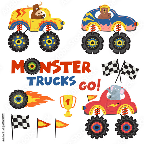 set of isolated monster trucks with animals part 2 - vector illustration  eps  