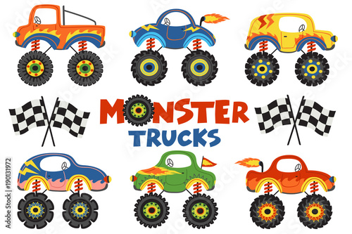 set of isolated monster trucks - vector illustration, eps