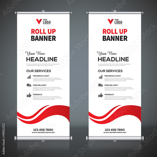 Roll up banner design template, vertical, abstract background, pull up design, modern x-banner, rectangle size. 