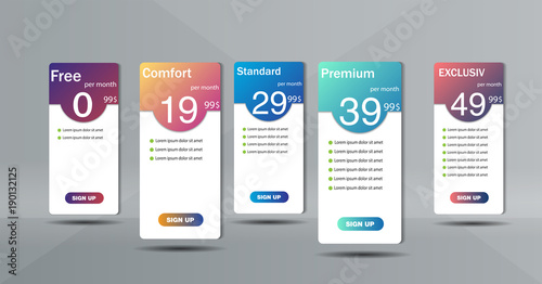 Set of clean price list. Three banners with tariffs. Flat web promo elements.