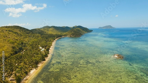 Aerial view Beautiful tropical island Busuanga with sand beach, palm trees. Tropical landscape: beach with palm trees. Seascape: Ocean, sky, sea. Travel concept.
