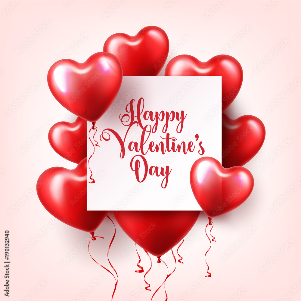 Valentine's day abstract background with red 3d balloons. Heart shape. February 14, love. Romantic wedding greeting card.