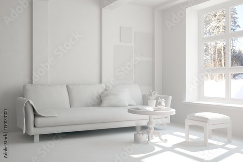 White room with sofa. Scandinavian interior design. 3D illustration