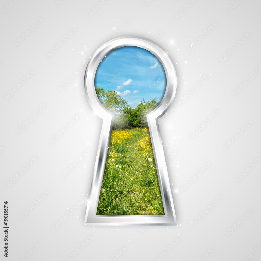 Naklejka premium Gray background with view of summer landscape in keyhole