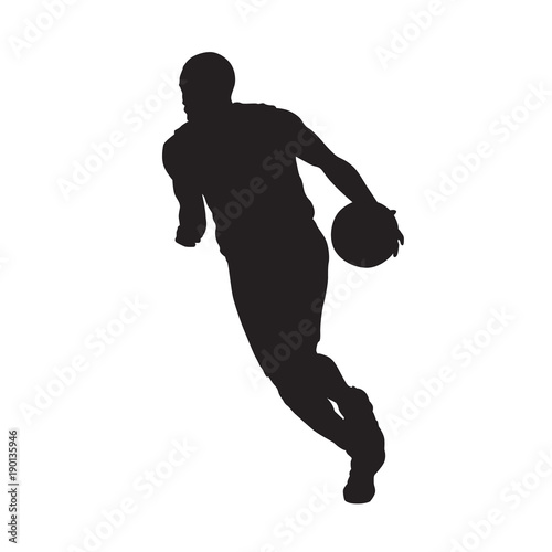 Basketball player running with ball, isolated vector silhouette