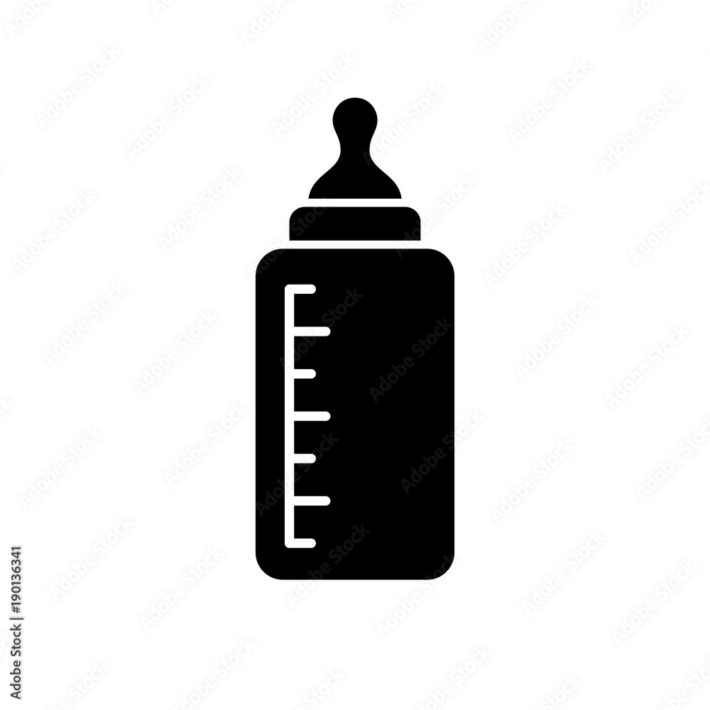 Baby milk bottle icon. Black, minimalist icon isolated on white background. Baby feed bottle simple silhouette. Web site page and mobile app design vector element.