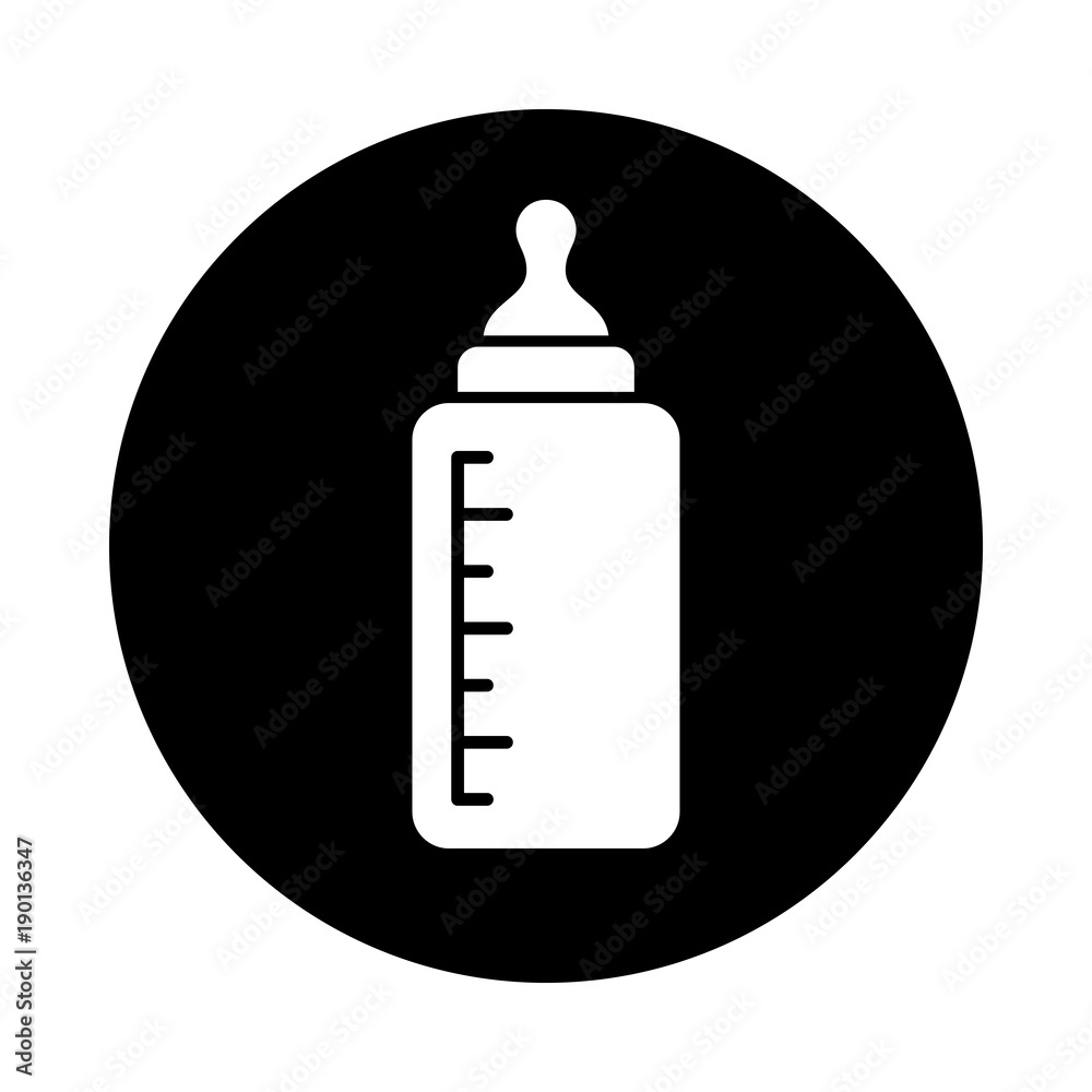 Baby milk bottle circle icon. Black, round, minimalist icon isolated on white background. Baby feed bottle simple silhouette. Web site page and mobile app design vector element. Baby milk bottle circle icon. Black, round, minimalist icon isolated on white background. Baby feed bottle simple silhouette. Web site page and mobile app design vector element.