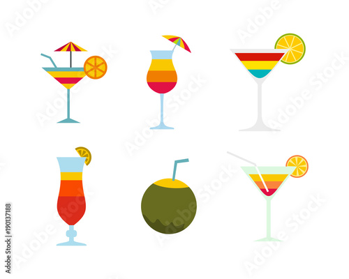 Cocktail icon set, flat style