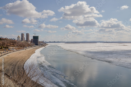 Admiral Nevelsky Embankment, Amur river beaches and waterfront buildings from Utes viewpoint Park Muravyeva Amurskogo, Khabarovsk, Russia photo