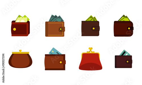 Wallet icon set, flat style