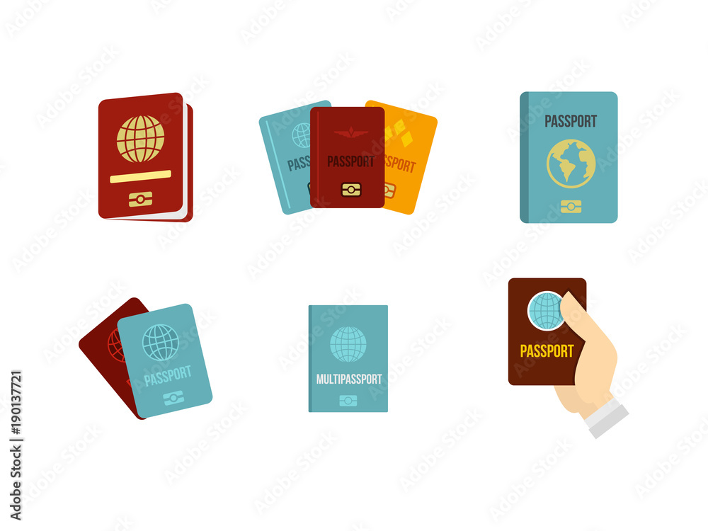 Passport icon set, flat style