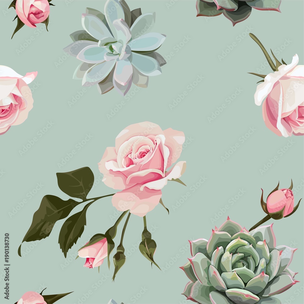 Succulents and roses vector seamless pattern of floral ornament with mint green flowered background
