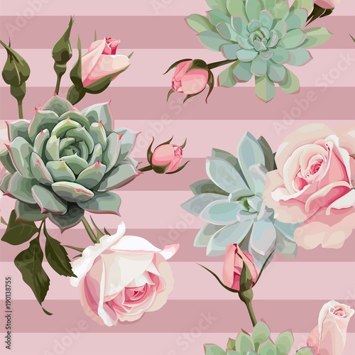 Succulents and roses vector seamless pattern of floral ornament with dusty pink flowered background