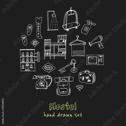 Hostel. Hand drawn doodle set. Sketches. Vector illustration for design and packages product.
