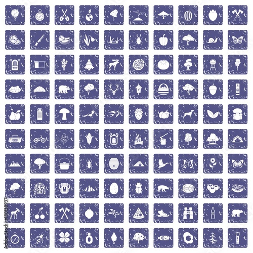 100 camping and nature icons set grunge sapphire
