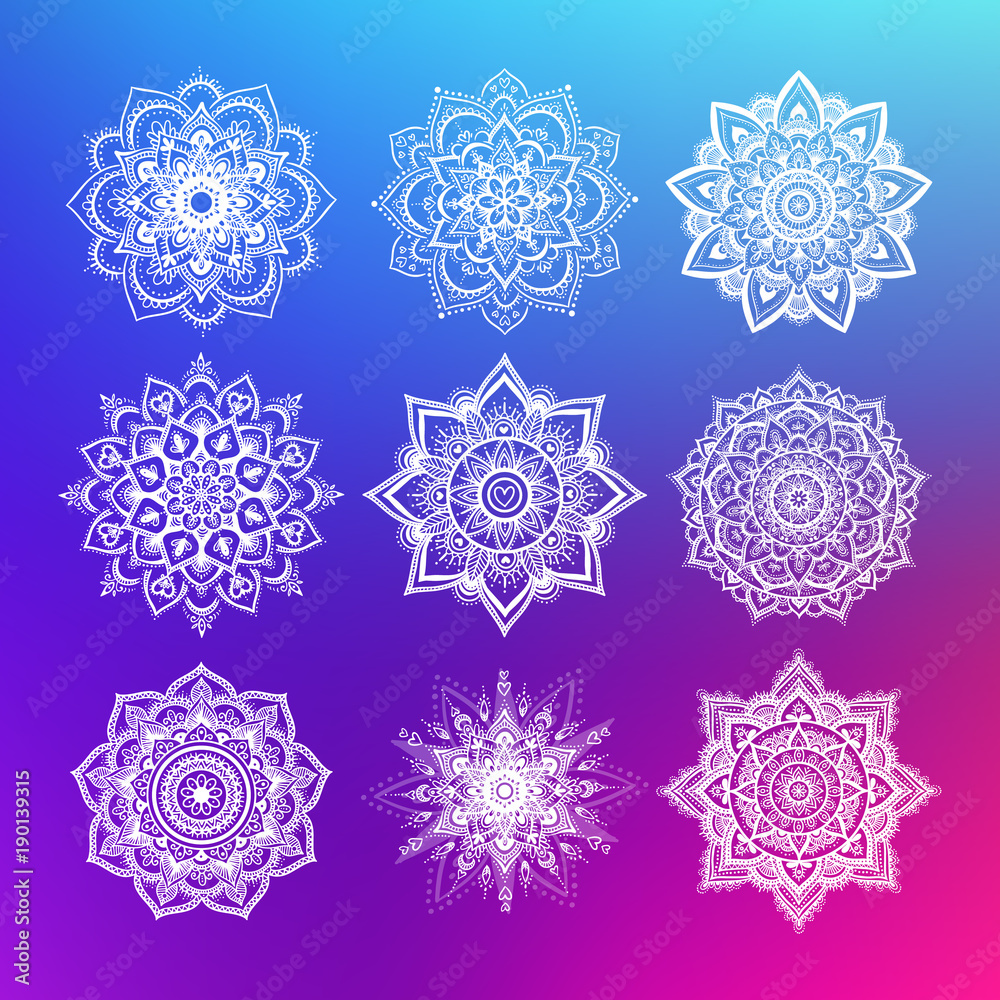 Set of flower mandala on colorful neon background. Vintage decorative gradient element. Ornamental round doodle flower. Geometric circle element. Vector illustration. Set of flower mandala on colorful neon background. Vintage decorative gradient element. Ornamental round doodle flower. Geometric circle element. Vector illustration.
