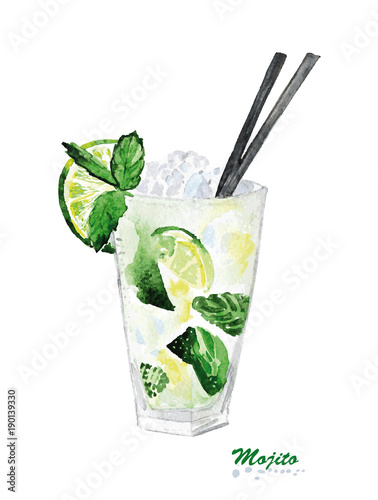 Watercolor lime ice mint cocktail Mojito.