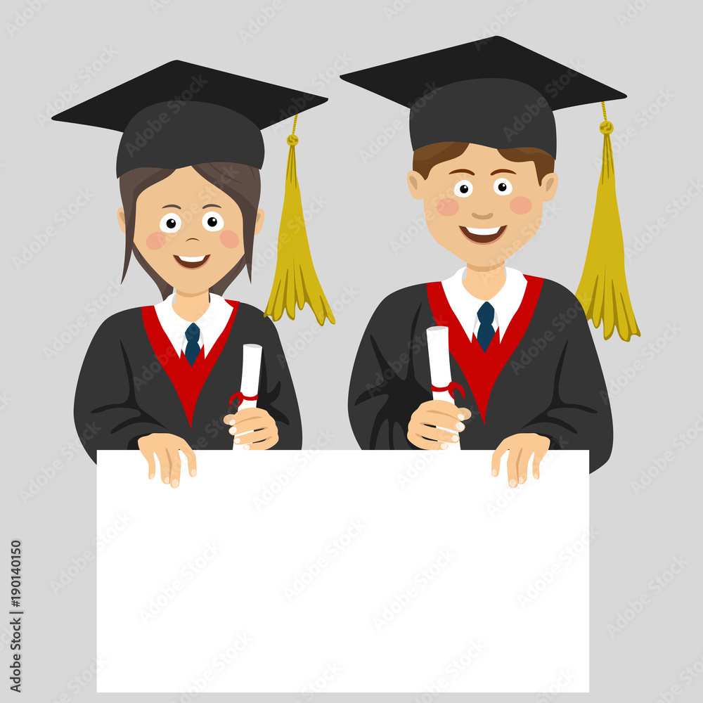 Graduated teenager boy and girl with an empty blank board Graduated teenager boy and girl with an empty blank board