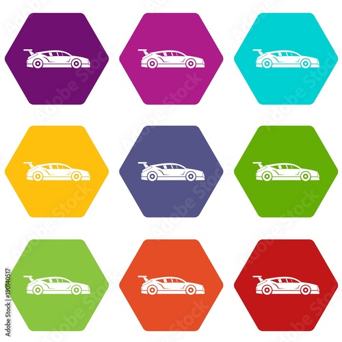 Rally racing car icon set color hexahedron