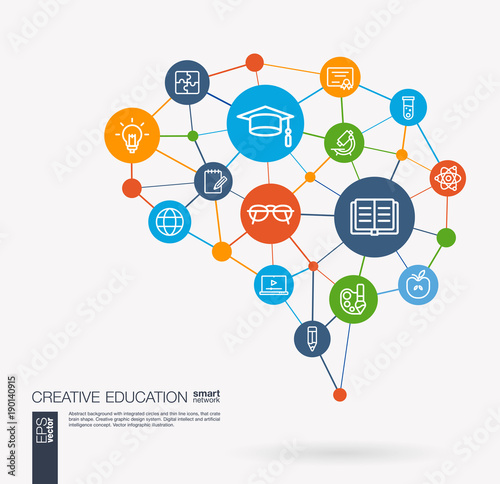 AI creative think system concept. Digital mesh smart brain idea. Futuristic interact neural network grid connect. Education, elearning, graduation and school integrated business vector line icon set.