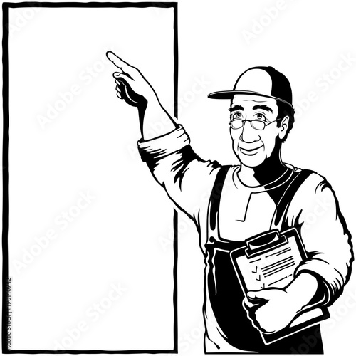 Service man shows with index finger on poster with copy space for text list. Experienced worker in glasses pays attention on a stand. Vector hand drawing illustration in black ink retro graphic style