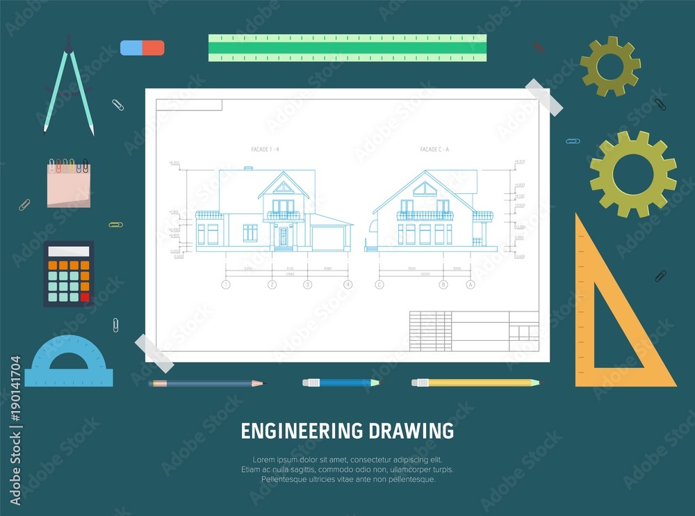 House drawing and drawing tools. The concept of design. Flat vector illustration.
