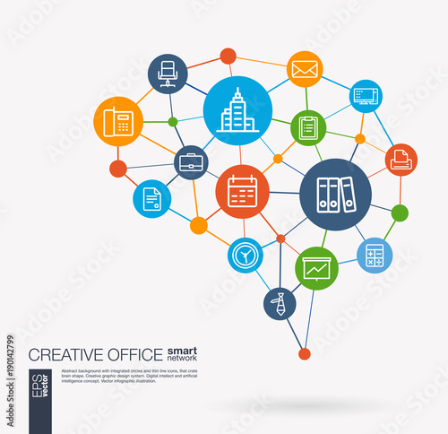AI creative think system concept. Digital mesh smart brain idea. Futuristic interact neural network grid connect. Office work space, people, teamwork, workspace integrated business vector icons.