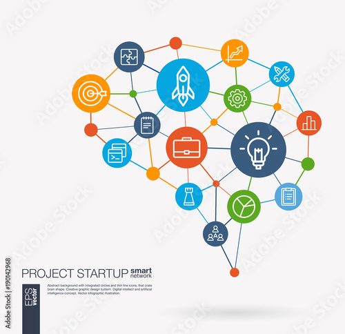 AI creative think system concept. Digital mesh smart brain idea. Futuristic interact neural network grid connect. Startup, web development, light bulb, rocket launch integrated business vector icons.