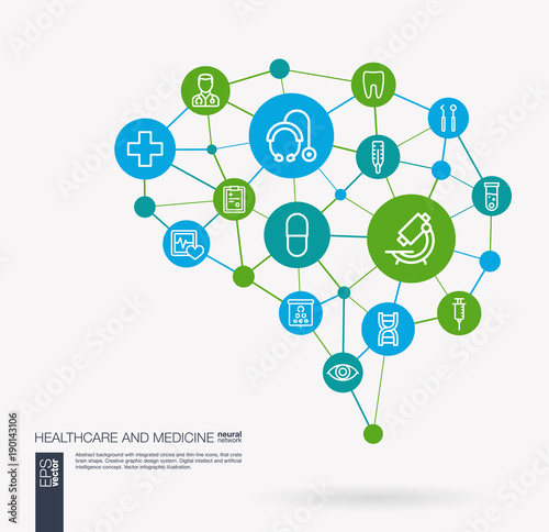 AI creative think system concept. Digital mesh smart brain idea. Futuristic interact neural network grid connect. Healthcare, psychology, medicine and medical service integrated business vector icons.