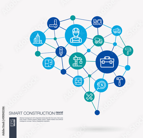 AI creative think system concept. Digital mesh smart brain idea. Futuristic interact neural network grid connect. Construction, engineer, architecture, build industry integrated business vector icons.