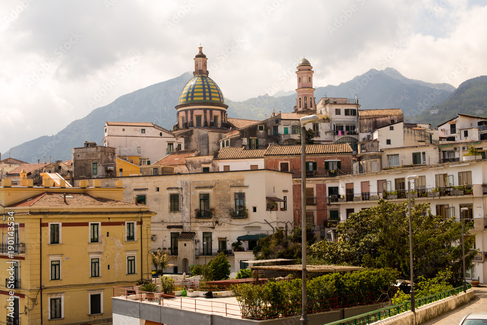 Panoramic view of the city of Vietri and the church, Italy, the Amalfi Coast