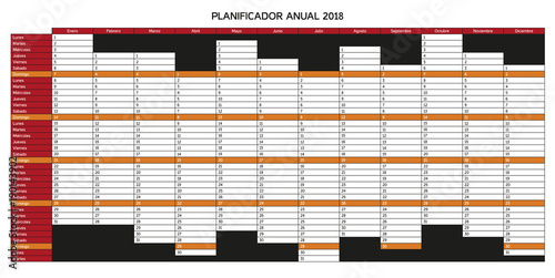 Year planning calendar for 2018 in Spanish - Planificador anual 2017; Sundays are highlighted, colorful version with red and orange color, monochrome variation in portfolio