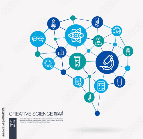 AI creative think system concept. Digital mesh smart brain idea. Futuristic interact neural network grid connect. Science, laboratory test, research, innovation integrated business vector icons.